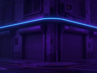 Dynamic 3D game environment render of a cyberpunk street corner, deep violet and blue neon highlights, dramatic low-key lighting, highly detailed 8k