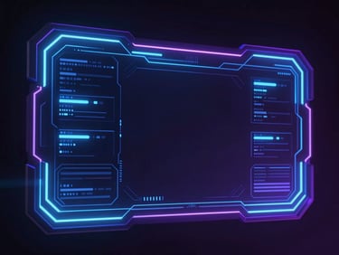 Sleek futuristic game UI wireframe with glowing electric blue holographic elements, dark obsidian background, sharp lines, cinematic 3d render