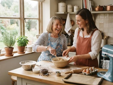 A warm editorial photograph of a support worker and a client baking together in a sunlit kitchen, soft natural daylight, authentic human interaction, 35mm