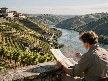 A traveler reading a map at a stone-paved café terrace above the Douro Valley, terraced port-wine vineyards cascading to the river below, warm afternoon light, wide environmental framing with the river visible in the valley floor