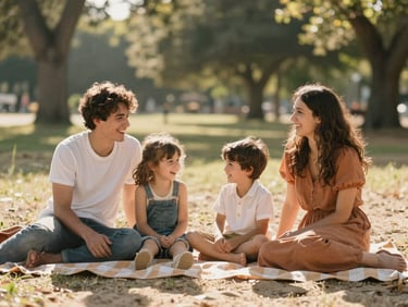 A young family laughing together on a picnic blanket in a sun-drenched park, authentic smiles, warm natural light, soft focus background