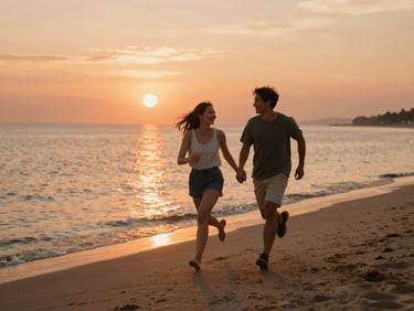 A couple running along a sandy beach at sunset, warm orange light reflecting on the water, cinematic framing, motion blur, genuine happiness