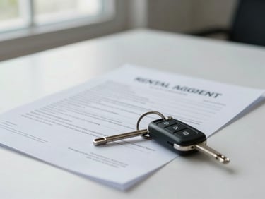 Close-up of a rental agreement document and car keys on a clean white desk, natural window light, cool tones, no people