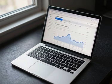 Overhead shot of a workspace with an open laptop displaying a Meta Ads Manager screen showing campaign spend, ROAS columns, and a conversion trend line chart, cool daylight from a side window, dark desk surface, no people visible