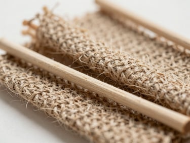 Detailed shot of organic jute fibers and wooden dowels, soft diffused daylight, shallow depth of field, 35mm.