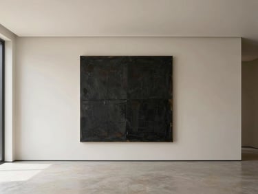 Minimalist private residence interior, large scale dark abstract painting on bone-colored wall, soft natural light, wide angle
