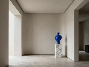 A luxurious minimalist living room with high ceilings, featuring a curated blue-chip sculpture in marble on a pedestal, soft natural daylight