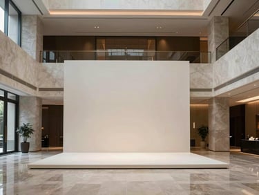 A spacious luxury hotel lobby with minimalist architectural lines, featuring a massive site-specific contemporary installation, soft diffused lighting