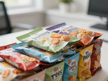 Close up of colorful, beautifully designed artisan snack packaging stacked neatly, bright daylight, shallow depth of field