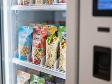 Close-up of colorful artisan snack packaging and fresh wraps inside a brightly lit premium vending machine, shallow depth of field, bright editorial photography, 35mm