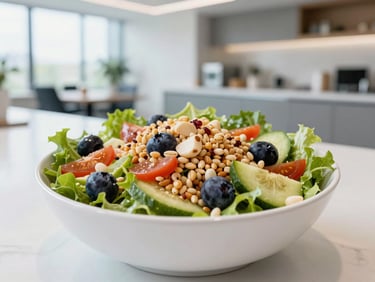 Close up of a vibrant, fresh Mediterranean grain salad bowl in a modern office kitchen, natural daylight, 35mm