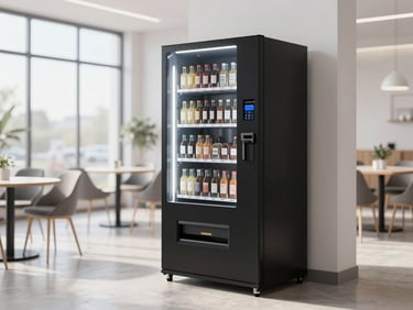 Sleek matte-black contactless vending machine standing in a sunlit, modern office cafeteria, minimalist aesthetic, sharp focus, bright editorial photography, 35mm