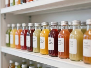 A row of colorful glass bottles containing organic cold-pressed juices on a clean, modern shelf, bright morning light