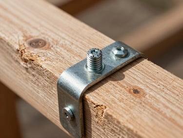 Macro architectural detail of a custom steel collar tie bolted to a rough-sawn Douglas fir rafter, sharp natural lighting, visible steel texture and wood grain.