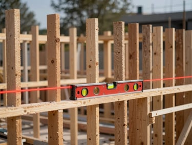 Architectural elevation of a clean construction site with a red-line level laser casting a perfectly horizontal line across timber studs.