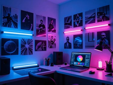 Wide-angle shot of a cluttered but organized creative workspace, with mood boards featuring high-contrast imagery, neon signs, and a laptop displaying design software, lit by electric blue light.
