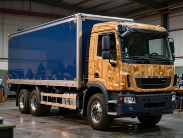 Heavy-duty custom wooden truck body, polished steel fittings, dramatic side lighting in a professional workshop, editorial corporate photography