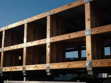 Close-up of a heavy-duty wooden truck body, polished metal brackets, geometric steel frames, dramatic outdoor lighting