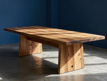 A luxurious rustic solid wood dining table in a modern architectural room with natural sunlight, editorial photography