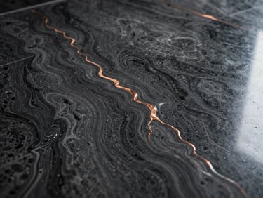Macro shot of a glossy deep charcoal epoxy floor with swirling metallic copper veins, dramatic grazing light highlighting the depth