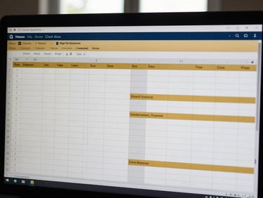Macro shot of a clean digital workspace setup, complex spreadsheets on a monitor, structured architectural lines, sharp high-contrast window light, deep navy and gold tones.