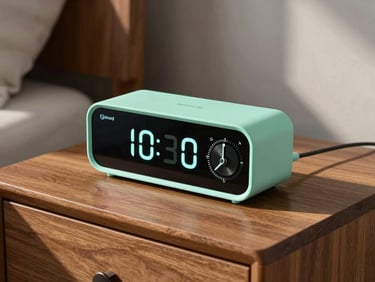 An Android device resting on a wooden nightstand in morning light, showing a sleek alarm clock interface with neon mint accents.