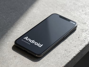 High-fidelity Android UI mockup on a matte black device resting on a clean concrete desk, sharp shadows, cool diffused daylight, focus on crisp typography