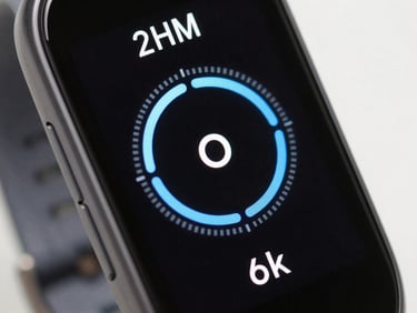 Extreme close-up of a habit tracker interface on an Android phone, electric blue progress rings, clean typography, stark studio lighting.