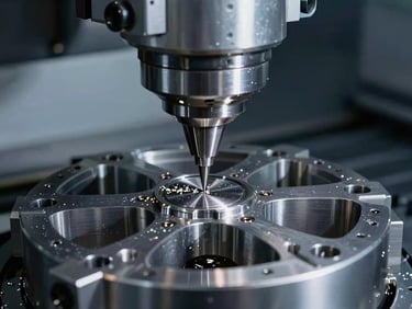 Close-up of a 5-axis CNC milling machine cutting a complex aerospace component, cool industrial lighting, sharp focus on the tool and metal chips, macro detail.