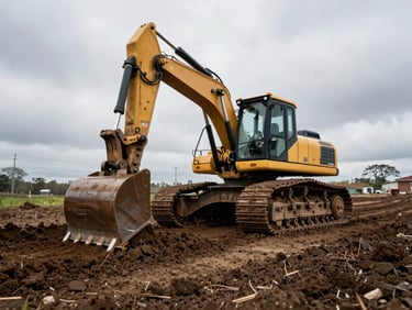 Low-angle wide shot of a heavy-duty trencher cutting a clean, deep line through dark soil under overcast skies