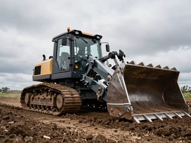 Low-angle wide shot of a heavy-duty trencher cutting a clean line through dense soil under overcast skies, emphasizing metallic textures and mechanical scale.