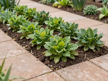 Clean medium-wide environmental shot of a tidy garden bed with cleared soil next to an established stone path, no trace of overgrowth, crisp daylight