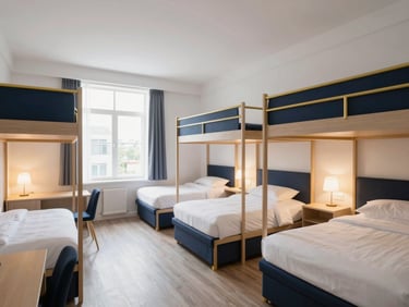 Spacious three-bed student hostel room, elegant layout, bright interiors, navy accents, study lamps on desks