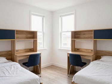 Bright modern double student room with twin beds, clean wooden study desks, natural window light, organized and pristine setup