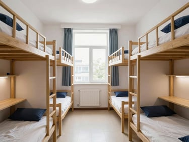 Clean and bright four-bed shared hostel room, modern bunk-style or single beds, study tables, large window