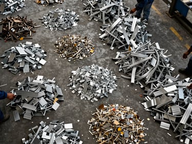 Overhead shot of sorted industrial aluminum scrap and recyclable material classified by composition on a concrete production floor, tungsten lighting, workers hands visible at the edge classifying pieces