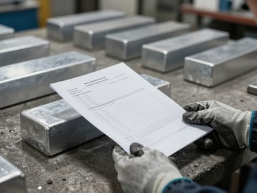 Hands in industrial gloves holding an aluminum ingot spec sheet over a concrete workbench, tungsten workshop lighting from above, stacked ingots blurred in the background, Minas Gerais production facility