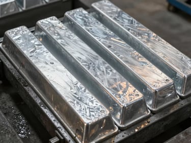 Overhead close-up of freshly cast aluminum ingots cooling in a casting mold, uniform rows, metallic silver surface with slight amber tungsten reflection, dark concrete production floor, documentary framing