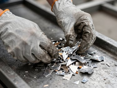 Extreme close-up of hands sorting aluminum scrap pieces on a metal sorting table under tungsten light, industrial gloves, varied alloy fragments, concrete background, documentary framing