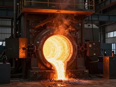 Wide shot of an aluminum smelting furnace interior with molten metal glowing amber-orange under industrial tungsten lighting, furnace mouth visible, heat shimmer, dark facility background, no people