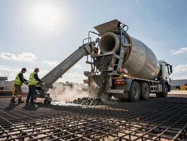 Wide-angle action shot of a concrete transit mixer truck pouring concrete onto a massive steel rebar grid, workers in high-visibility gear guiding the chute, dramatic dust and midday sun flare.
