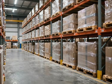 Crisp daylight shot of an organized high-bay warehouse interior with industrial shelving, clean concrete floor, and sealed cargo pallets ready for international transport.