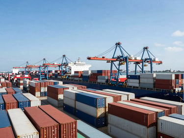 Wide environmental shot of a modern container terminal in Miami at bright daylight, high contrast, commercial cargo ships and organized containers stacked in rows under a clear blue sky.