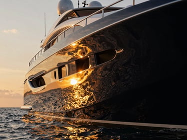 Low-angle dramatic shot of a superyacht hull reflecting gold sunset light on polished black gelcoat, water sheeting off, luxury editorial photography, high-contrast reflections, 35mm