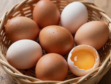 Uova fresche di colore marrone e bianco in un cestino di vimini, con alcune uova rotte che mostrano il tuorlo dorato, luce naturale.