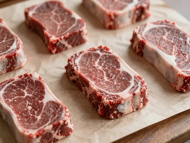 Premium cuts of red meat on butcher paper, soft natural side-light, rich organic tones, shallow depth of field, 35mm.