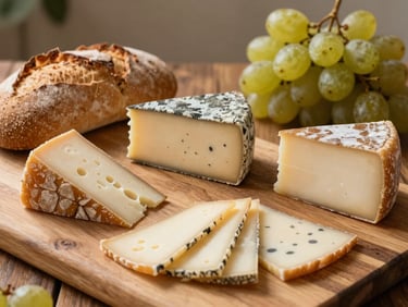 Assortimento di formaggi artigianali su un tagliere di legno, con pane rustico e grappoli d'uva, luce calda e invitante.