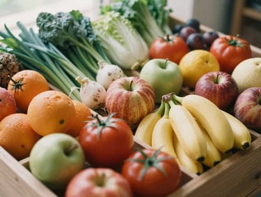 Vibrant assortment of seasonal fruits and vegetables in wooden crates, soft natural side-light, rich organic tones, shallow depth of field, 35mm.