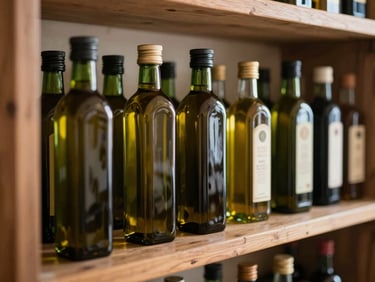 Bottiglie di olio d'oliva scuro e artigianale su uno scaffale di legno, con etichette tradizionali, sotto una luce morbida e calda.