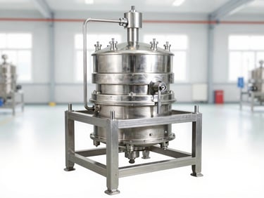 Crisp industrial product photography of a stainless steel oil press machine and filtration system in a bright clean factory setting